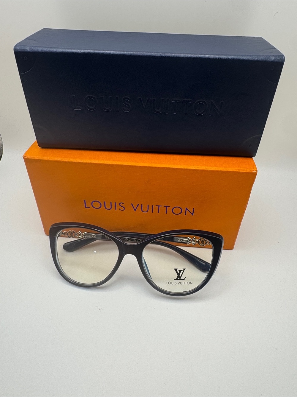 Louis Vuitton Black Cat-Eye Optical Glasses with Gold Temple Accents